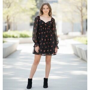 Live To Be Spoiled XS Black Red Floral Long Sleeve Mini Dress Smocked Boho Cotta